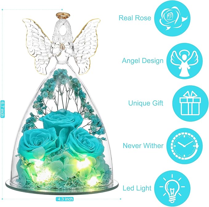Christmas Rose Gifts for Women Preserved Real Flower in Glass Angel Figurines Roses for Delivery Prime Birthday Gifts for Mom Grandma Girlfriend Wife Her - Tify Blue