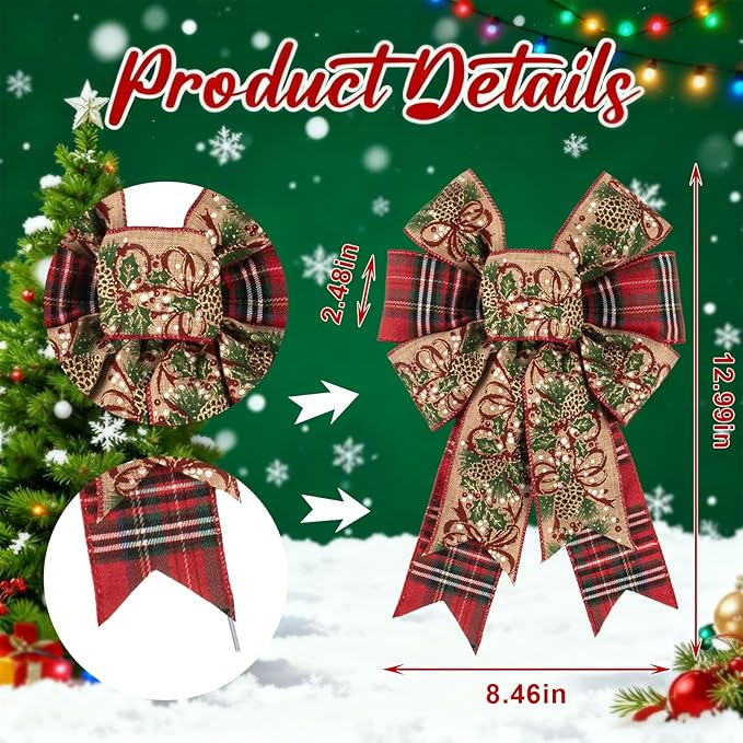 ALIBBON 2 Pcs Christmas Bows for Wreaths, Pine Cone Christmas Wreath Bows Red Buffalo Plaid Ribbon Bow for Front Door, Christmas Decorations, Xmas Tree Topper Bow for Indoor Outdoor Holiday Decor