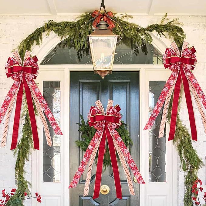 RECUTMS Red Christmas Bows Tree Topper Christmas Bow Wreaths with Snowflake Patterns Big Winter Xmas Bows for Holiday Party Seasonal Wreath Outdoor Indoor Xmas Decorations