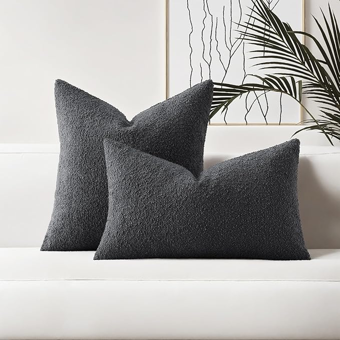 HAUSSY Set of 2 16x16 Decorative Throw Pillow Covers, Soft Cozy Textured Boucle Couch Cases, Home Decor for Couch Bed Living Room, Dark Grey