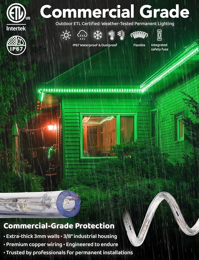WYZworks 288LEDs, 25ft LED Outside Rope Lights, Waterproof Permanent Outdoor ETL Certified Connectable Clear Tube, Christmas Palm Tree Holiday Decorative Landscape Patio Accent Lighting - Green