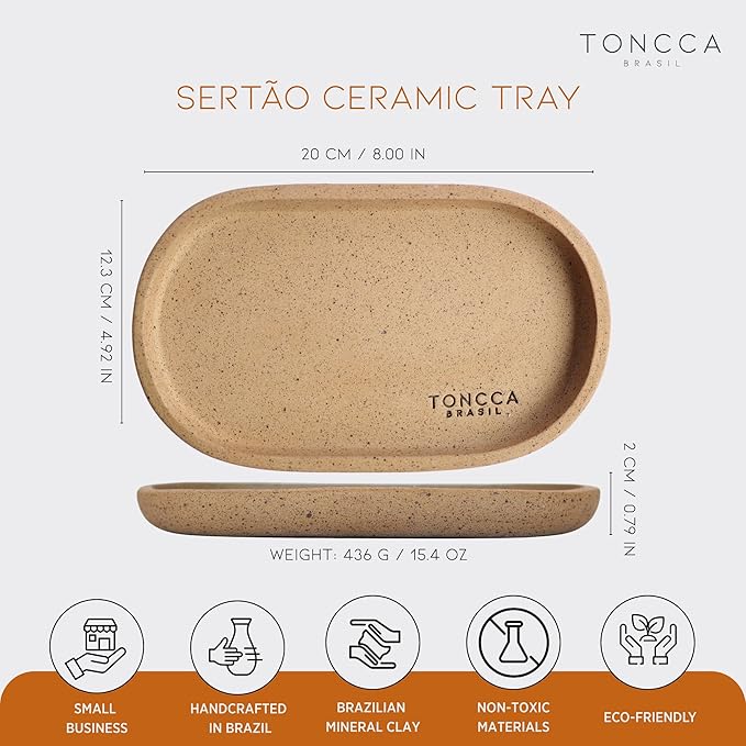 Brasil Handmade Ceramic Tray – Sertão Edition | 8" Matte Sand Beige | Natural Mineral Clay | Decorative Oval Tray Made in Brazil