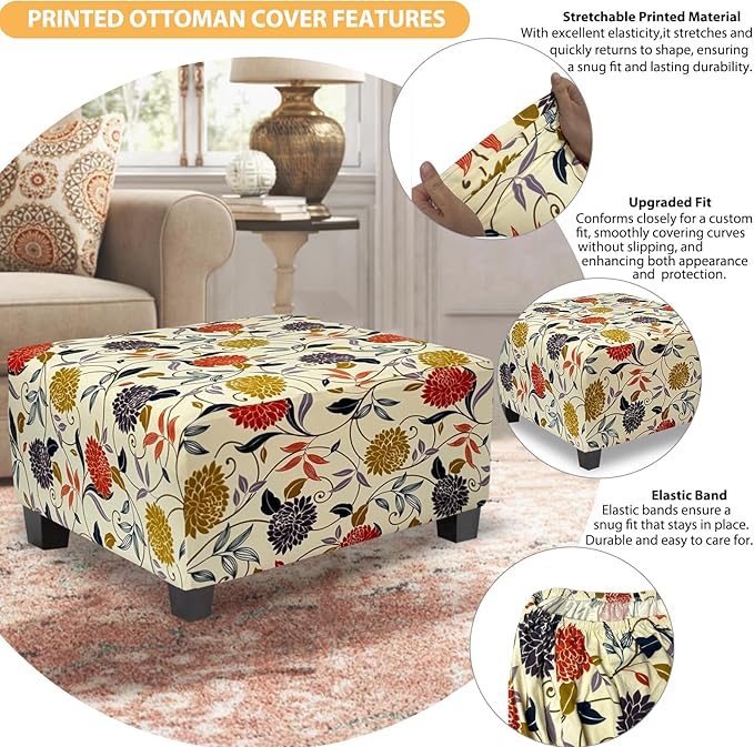 Ottoman Cover Rectangle Printed,Stretch Footstool Slipcover with Elastic Bottom,Soft Fabric Protector for Rectangular Ottoman in Living Room or Bedroom,Medium,Flower B