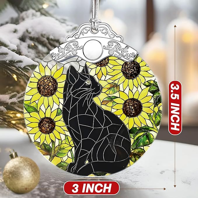 Black Cat Ornament – Christmas Decoration & Christmas Ornament; Stained Glass Holiday Decoration (Holiday Present, Bauble Present, Gift Idea, Gift Exchange) | Heirloom Keepsakes