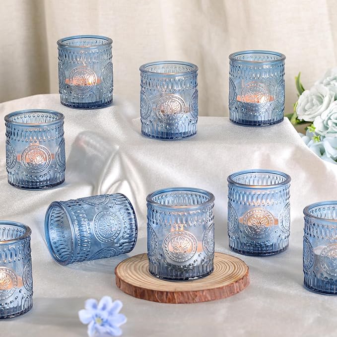 12 Pcs Blue Votive Candle Holders, Glass Tea Light Candle Holders for Wedding Table Centerpiece, Home Decor, Birdal Shower, Party