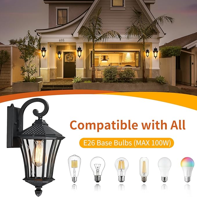 YSN 2 Pack Dusk to Dawn Outdoor Light Fixture Wall Mount Porch Lights Weather Resistant Exterior Sconce Light, Waterproof Wall Lantern for Porch, Garage, Backyard, Walkway, E26 Socket, Black