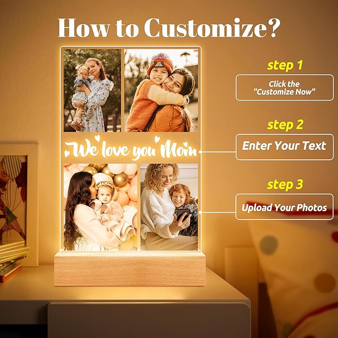 Personalized Picture Frame with Night Light, Custom Photo Frame with Photos, Customized Gifts for Mom Girls Boys, Personalized Christmas Birthday Gifts for Mom, Kids, Baby, Family