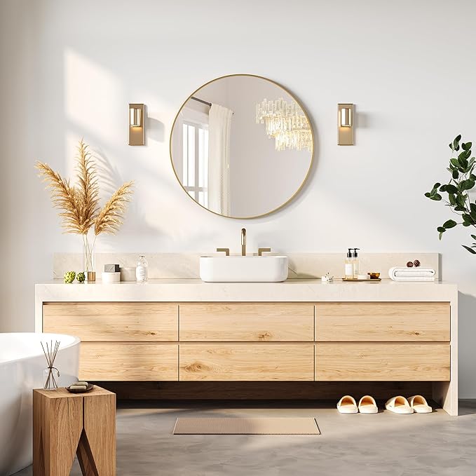 36" Gold Round Mirror for Wall, Large Circle Bathroom Mirror, Matte Gold Metal Frame, HD Eco-Friendly Glass, Contemporary Vanity Entryway Hallway Living Room Home Decor, Easy to Hang