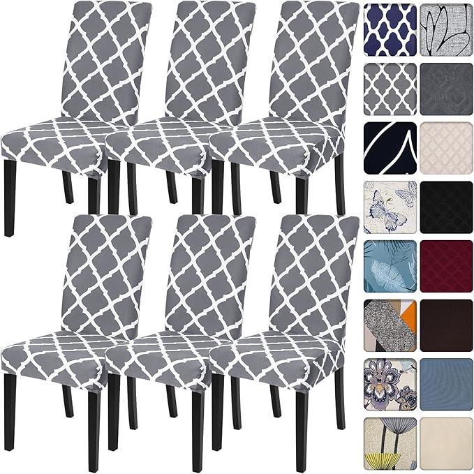 SearchI Dining Room Chair Covers Set of 6, Stretch Spandex Kitchen Slipcovers Removable Washable Geometric Parsons Protector for Hotel, Ceremony (Gray+White)
