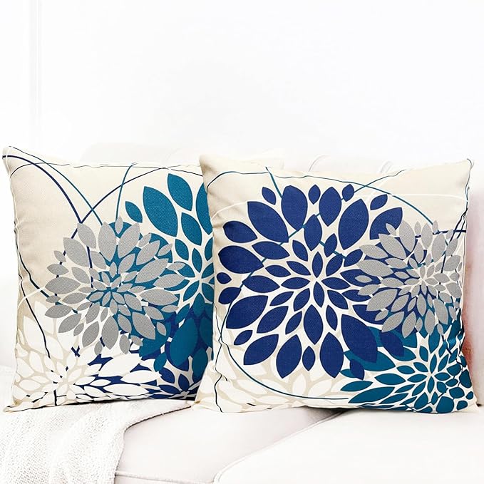 Decorative Throw Pillow Covers Set of 2 Blue Pillow Covers 20x20 inch Linen Square Pillow Cases,Farmhouse Modern Geometric Floral Outdoor Pillow Cover for Couch Sofa Living Room Bedroom