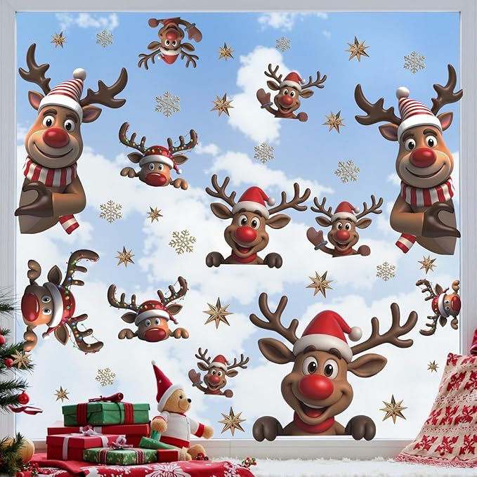 Christmas Window Clings Reindeer, Xmas Elk Wall Decals, Christmas Reindeer Wall Stickers, Xmas Snowflake Window Stickers, Xmas Elk Wallpaper for Party Class Home Living Room Bedroom