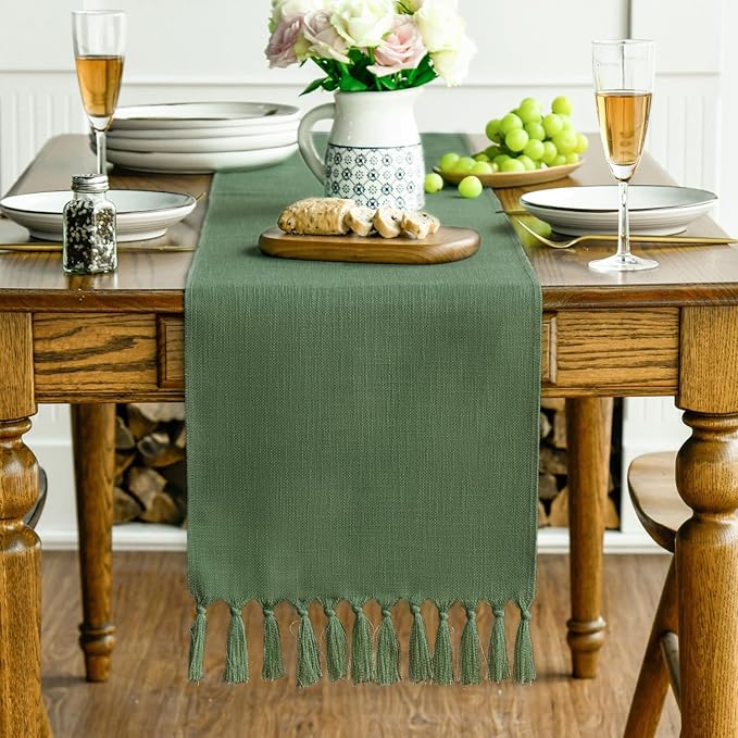 Artoid Mode Dark Green Tassel Table Runner, Linen Blend Rustic Farmhouse Style Kitchen Table Decoration Holiday Wedding Party Dinning Decor 13x90 Inch