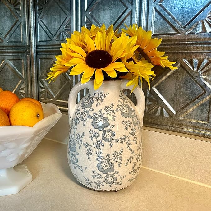Vintage Chinoiserie Blue and White Ceramic Vases Decor 7” Retro Ice Crackle Hand-Painted Peony Ceramic Pitcher Antique Style Home Decor (7.5 Inch Blue and White)