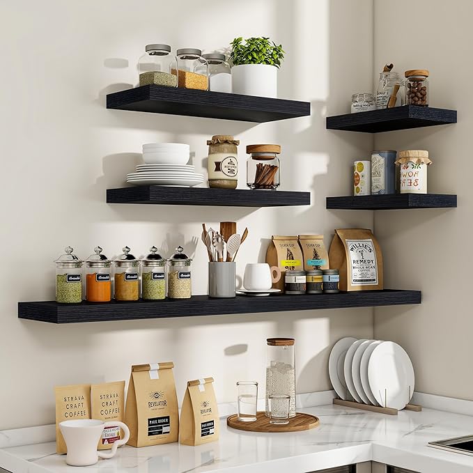 72 Inch Floating Shelves, 3D Textured Wood Grain, 72"x9.25"x1.5" Inch Deep Floating Shelves for Wall, Wooden Shelves for Bathroom, Bedroom, Living Room, Black, 1 Piece