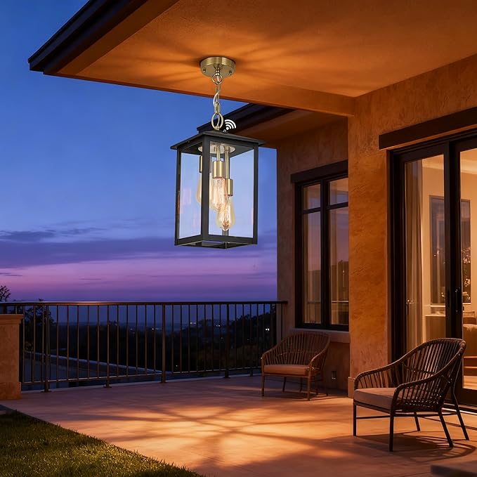 17IN Large Dusk to Dawn Outdoor Pendant Light 3-Light, Modern Black Metal Outside Chandelier Exterior Hanging Fixture Ceiling Mount with Clear Glass for Front Porch Entrance Entryway
