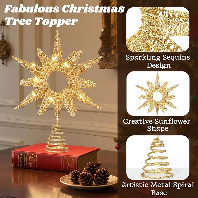 Lewondr Christmas Tree Topper, 14.17'' Metal Xmas Star Tree Topper with 30 LED Bulbs, USB Remote Control Glittered Sunflower Treetop, 6H Timer, 8 Light Modes Christmas Decorations for Home, Gold