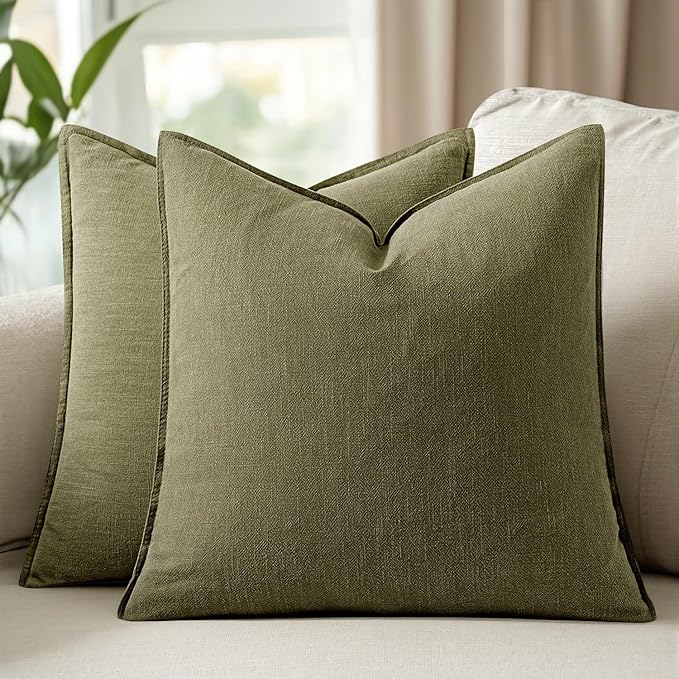Woaboy 20x20 Inch Set of 2 Decorative Linen Solid Throw Pillow Covers Boho Accent Farmhouse Pillowcases Modern Netural Christmas Home Decor for Couch Sofa Living Room Bed,Olive Green
