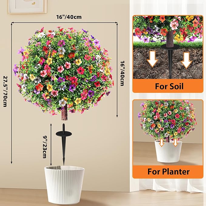 27.5" Artificial Boxwood Topiary Ball Trees with Colorful Flowers, Set of 2 Fake Bushes Shrubs with Ground Spike, UV Resistant Faux Evergreen Tree for Front Porch Outdoor Garden Decor