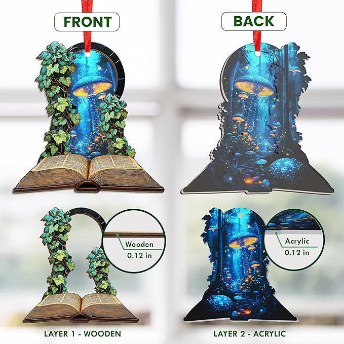 GEEMBI Book Lovers Gifts for Women - 2D Flat (Not 3D) Suncatcher Mushroom Christmas Ornaments 2025 - Bookish Gift for Readers Librarian, Christmas Ornament Gifts for Teacher, Fantasy Xmas Decorations