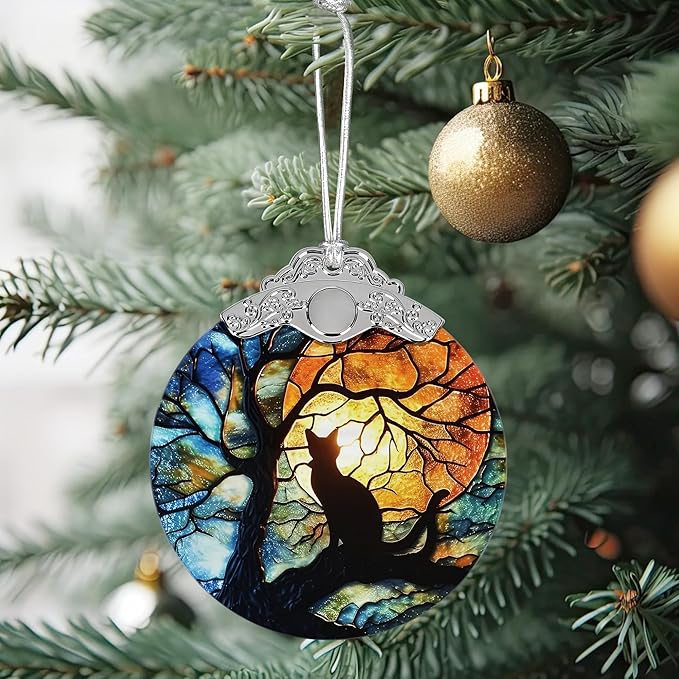 Christmas Ornament, Stained Glass Ornament, Christmas Decorations for Tree, Holiday Ornament, Unique Gift Idea - Cat Under Moonlight