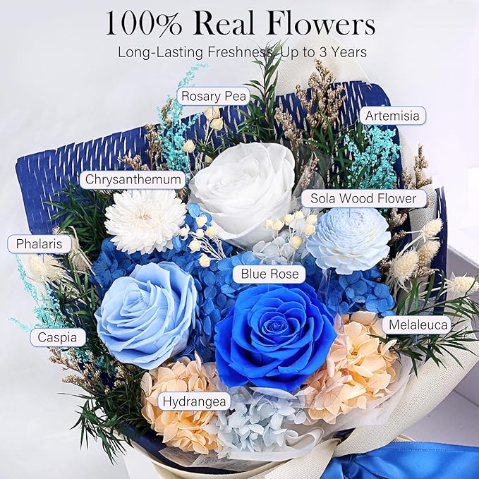 Preserved Flowers Bouquet - Forever Flowers for Delivery, Real Eternal Roses Bouquet for Mothers, Mom, Wife Anniversary Birthday Gifts for Women Men, Blue