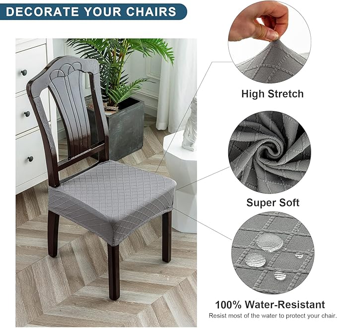 Genina Waterproof Seat Covers for Chairs,Set of 2 Dining Room Chair Seat Covers for Kitchen,Stretch Jacquard Removable Washable Dining Chair Slipcovers Protectors with Rear Covers, Light Grey