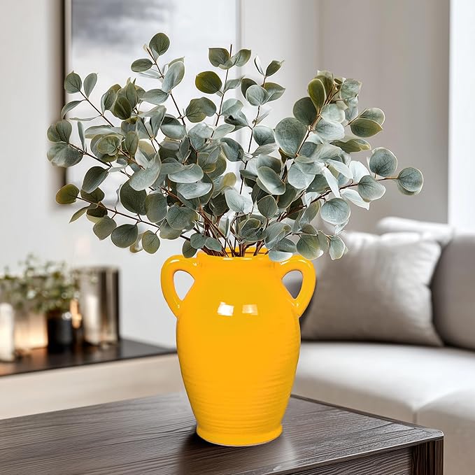Sunddo Yellow Ceramic Vase 8 Inch - Modern Decorative Vase with 2 Handles for Home Decor, Ideal Centerpiece for Kitchen, Living Room, and Dining Table