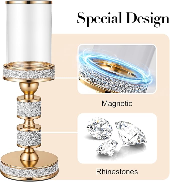 Pillar Candle Holder with Glass Wind Proof, Metal Hurricane Holders, Gold Crystal Candle Stand for Table Centerpieces, Home Decor, Wedding, Dining Table (M, 1PC, for Pillar Candles up to 3"x5")