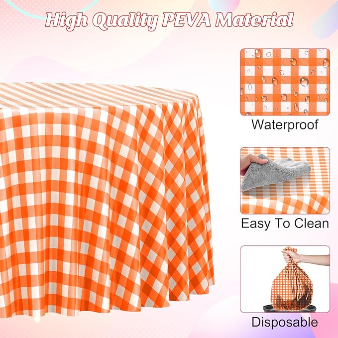 3 Pcs Orange and White Gingham Tablecloth Decorations, Disposable Round Orange Checkered Tablecloth Buffalo Plaid Table Cover for Thanksgiving Day Wedding Birthday Party Supplies,84 x 84 Inch