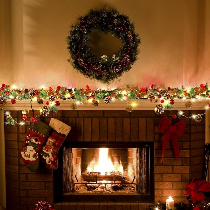Christmas Decorations Indoor-10FT Enchanting Christmas Garland with 30 LED Lights Battery Operated-Realistic Red Berries & Pine Cones Decor for Tree,Fireplace Mantel,Indoor Holiday Home Decor
