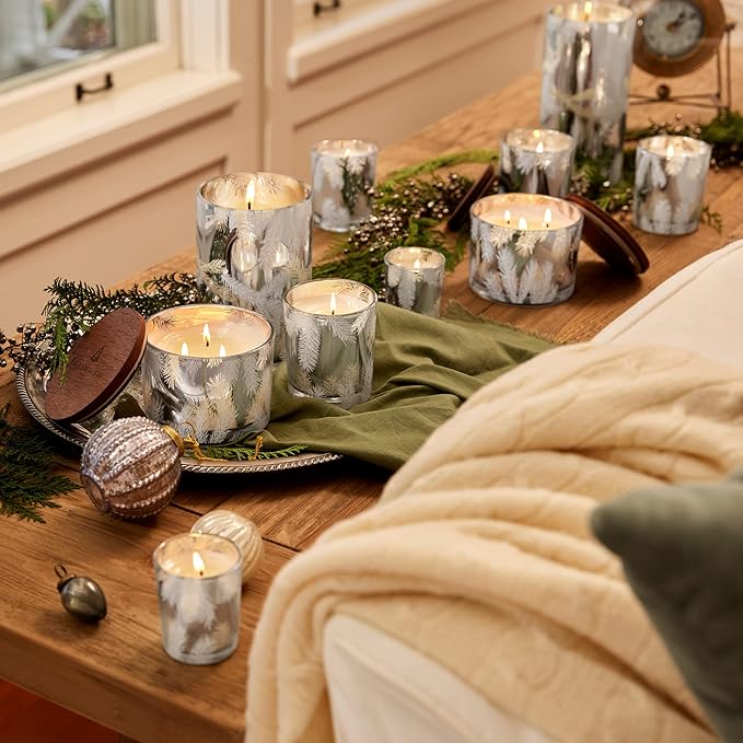 Thymes Frasier Fir Statement Candle and Diffuser Gift Set - Holiday Home Decor - Notes of Siberian Fir, Cedarwood, and Sandalwood - Silver (4 fl oz Petite Diffuser + 5 oz Candle)