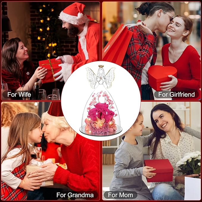 Christmas Rose Gifts for Women Preserved Real Flower in Glass Angel Figurines Roses for Delivery Prime Birthday Gifts for Mom Grandma Girlfriend Wife Her - Hot Pink