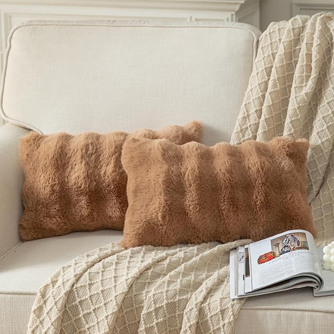 Yaertun Pack of 2 Brown Thick Soft Wool Decorative Throw Pillow Covers 12x20 Inch Faux Fur Plush Fluffy Cushion Covers for Sofa Couch Bedroom