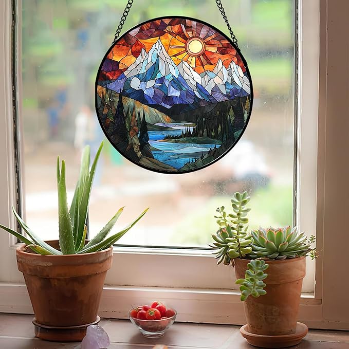 Stained Glass Window Hanging - Colorful Mountain Lake Landscape Sun Catcher for Door Garden Home Decor Suncatcher Christmas Mother's Day Birthday Gifts for Women Men Mom Nana 7.8 in