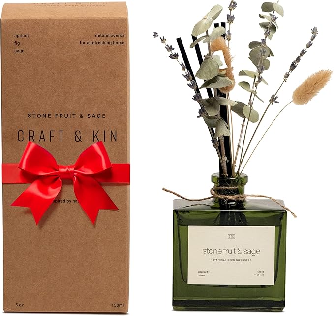 Craft & Kin Christmas Reed Diffuser with Dried Flowers | 5 oz Stone Fruit & Sage Scented Holiday Reed Diffusers for Home, Bathroom | Scent Sticks | Elegant Fragrance Home Decor for Men & Women