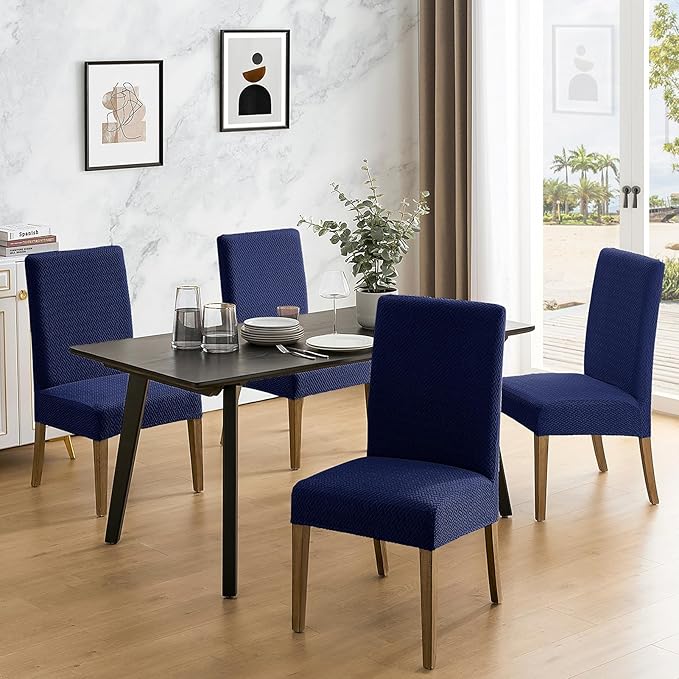 MOSAYT 100% Waterproof Dining Room Chair Covers Set of 6, Super Fit Stretch Jacquard Parson Chairs Slipcovers Removable Washable Chair Seat Protectors for Home, Kitchen, Banquet (Navy Blue - XL)