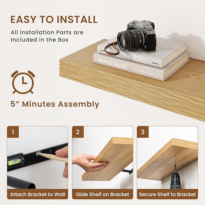 fuqing Floating Shelves for Wall, Wall Mounted Wood Floating Shelf with Invisible Brackets for Living Room, Bathroom, Bedroom, Kitchen Storage and Decor, 40 Inch Set of 2, Oak