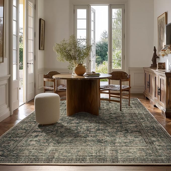 Washable Living Room Area Rug: 5x7 Rugs for Bedroom Vintage Stain Resistant Non Slip Low Pile Lightweight Boho Carpet for Kitchen Dining Room Farmhouse Kids Room Nursery