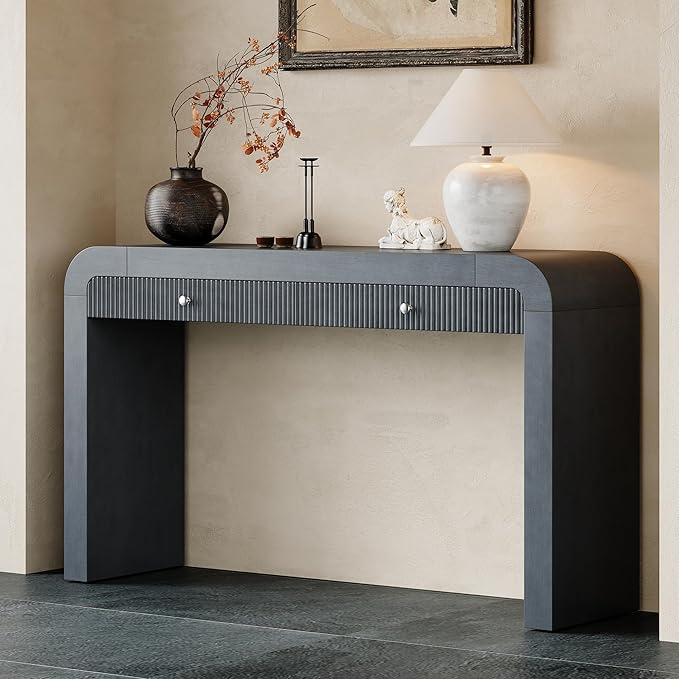 Rustic Console Table with 2 Fluted Drawer Front, Wood 54'' Long Entryway Table Accent Sofa Table with Curved Corners& Thick Legs for Hallway & Living Room (Dark Navy-5.2)