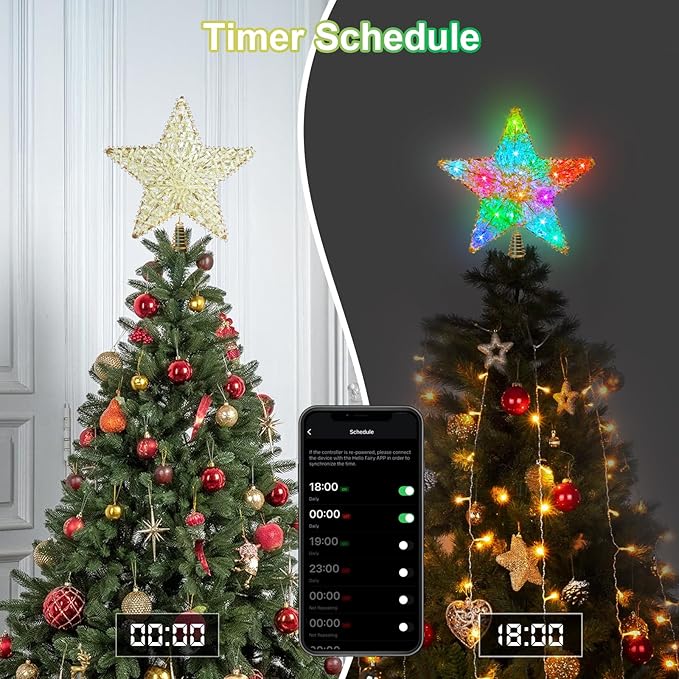 Christmas Tree Star Topper, LED Tree Decorations, UL Certified Colorful Star Tree Topper Lights for Home Garden USB Plug in Xmas Tree New Year Holiday, APP and Remote Control, DIY Dimmer(Gold)