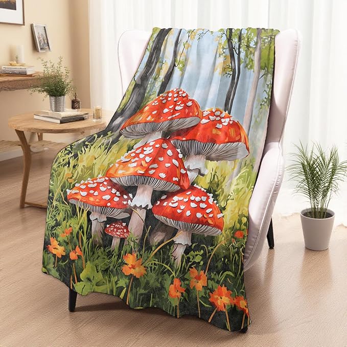 Vibrant Mushroom Blanket, Cozy Plush Throw Blanket for Couch Bedroom Outdoor, Lightweight Soft Flannel Travel Blankets, Gifts for Women Kids Nature Lovers, Home Cabin Dorm Decor 50"×60"