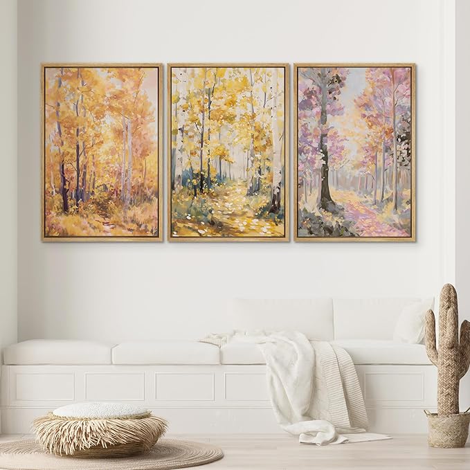 SIGNWIN Framed Canvas Print Wall Art Set Golden Autumn Forest Path Impressionist Landscape Illustrations Modern Art Decorative Chic Calm for Living Room, Bedroom, Office - 16"x24"x3 Natural