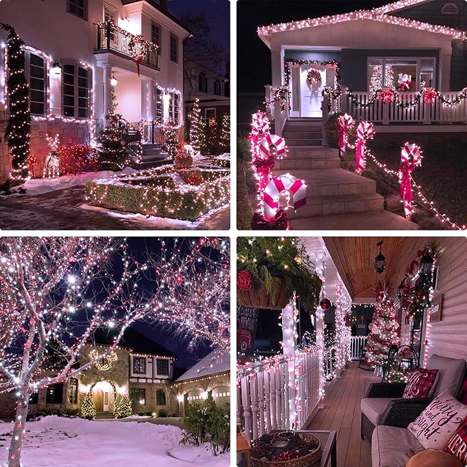 JMEXSUSS 132ft Red and White Christmas Lights Outdoor with Remote, 400 LED String Lights Indoor Plug in with Remote, 8 Modes Christmas Tree Light for Bedroom Tree Party Holiday Xmas Decorations