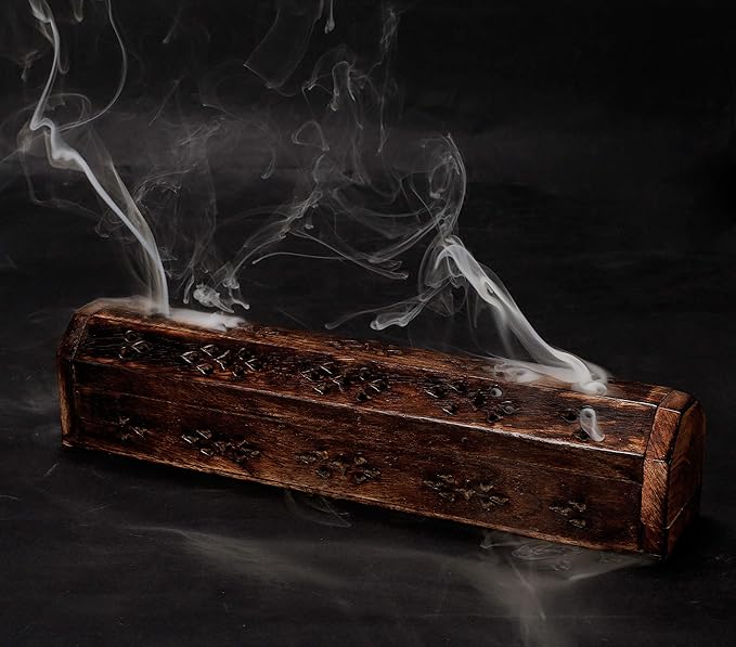The Wooden Town Coffin Incense Stick Cone Burner Holder Stand with Storage Compartment Ash Catcher Hand Carved, Incense Stick Stand, Stick Holder, Incense Burners - Burnt Color - 12"x2.25"x2.75"