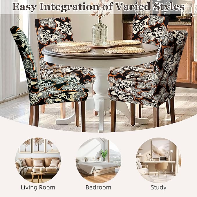 Sufdari Dining Chair Covers,Kitchen Chair Cover,Parsons Chair Slipcover,Spandex Chair Protectors for Dining Room Stretch Chairs Cover Set of 8 -Black Cream Floral