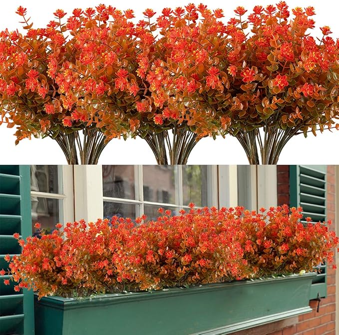 8 Bundles Artificial Flowers, Fake Artificial Greenery UV Resistant No Fade Faux Plastic Plants for Wedding Bridle Bouquet Indoor Outdoor Home Garden Kitchen Office Table Vase (Orange Red)
