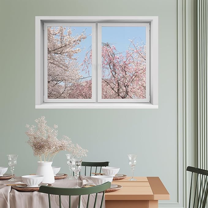 SIGNWIN Removable Wall Sticker/Wall Mural Window Blooming Pink and White Trees Against Clear Blue Sky Photography Realism Decorative Landscape Digital Art for Living Room, Bedroom, Office - 36"x48"