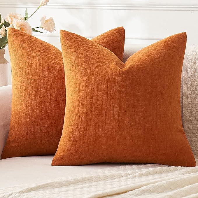 MIULEE Orange Couch Pillow Covers 18x18 Inch, Set of 2 Soft Chenille Decorative Square Throw Pillow Covers Farmhouse for Sofa Living Room Bed