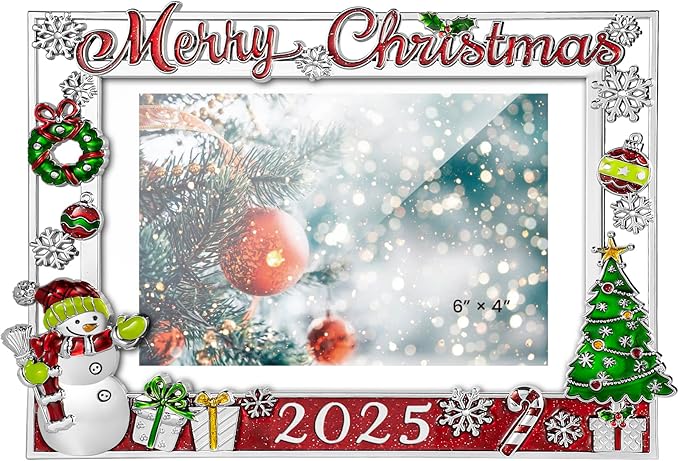 2025 Christmas Decorations Picture Frame 4x6 Snowflake Christmas Metal Photo Display Photo Frames with High Definition Glass Front Gift Ideas Tabletop Home Decorative (Snowman 2025)