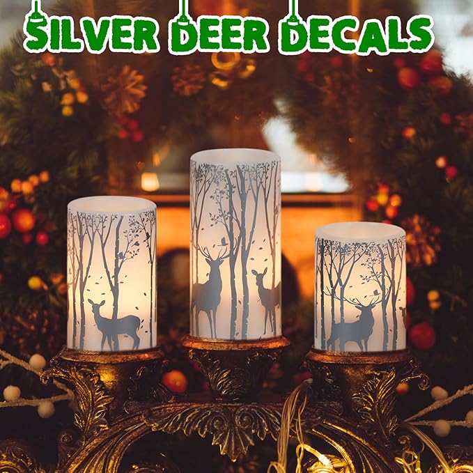 GenSwin Flameless Candles with Timer, Christmas LED Flickering Candles Real Wax with Silver Deer Decals, 3 Pack Pillar Fake Candle for Winter Indoor Fireplace Christmas Decor(D3” x H4”5”6”)